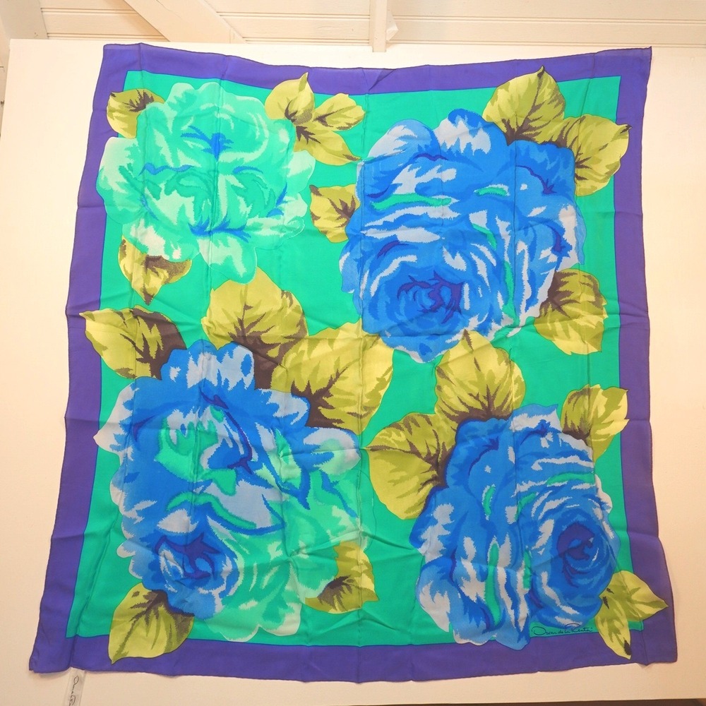 Vintage Oscar De La Renta 100% Silk Square Scarf Blue Floral Hand-stitched